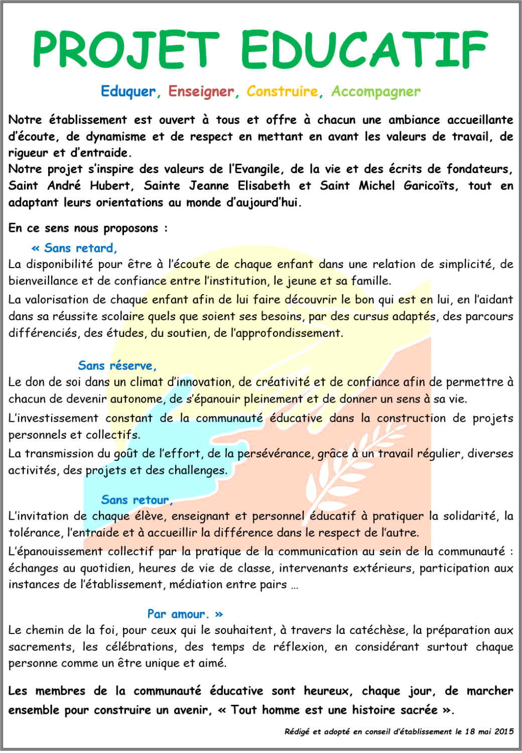 Projet Educatif de l'ensemble Scolaire Beau Rameau 64